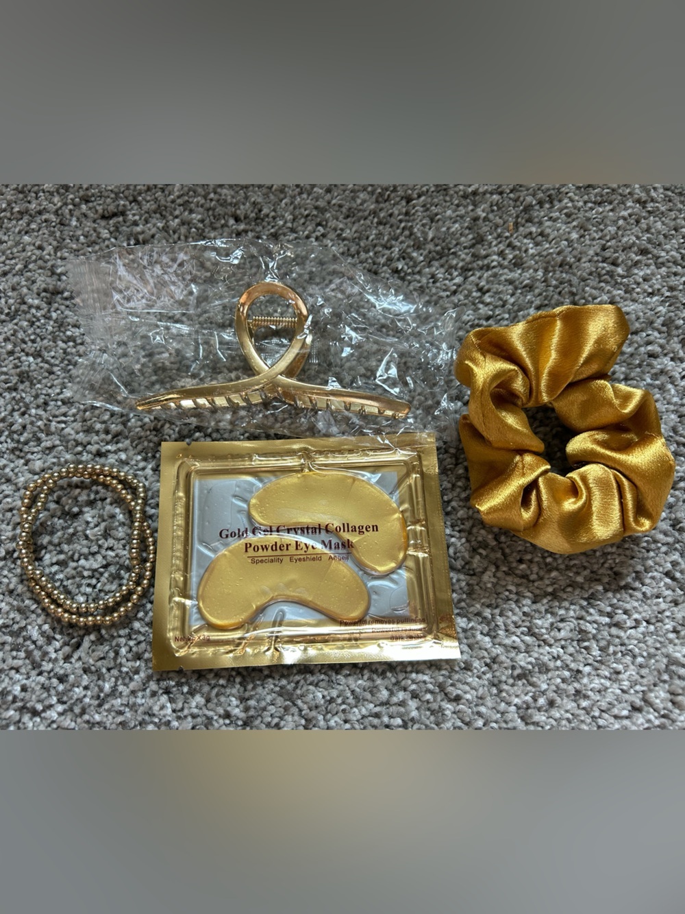 Gold Hair Clip, Scrunchie, Beaded Bracelet & Gold Eye Patches